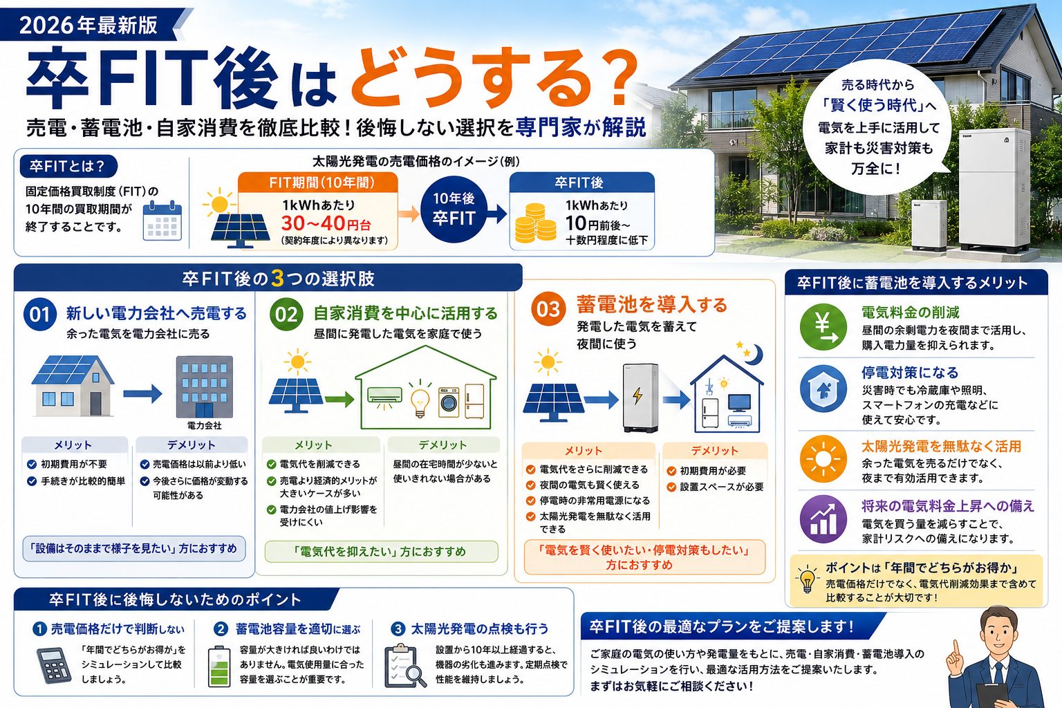 【2026年最新版】卒FIT後はどうする？売電・蓄電池・自家消費を徹底比較！後悔しない選択を専門家が解説